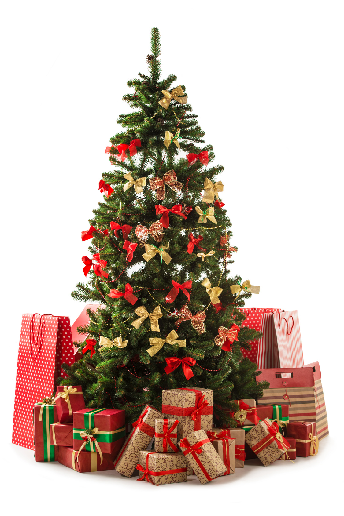 Beautiful christmas tree with gift boxes and shopping bags